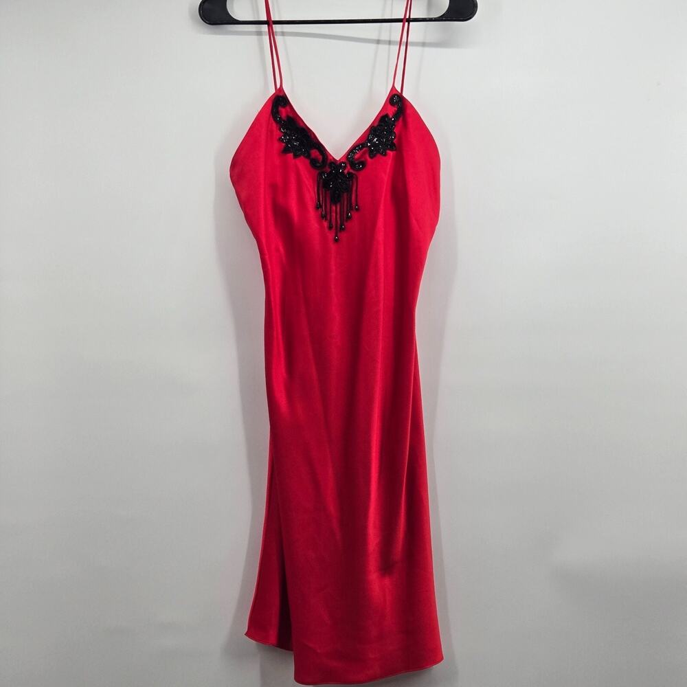 VINTAGE Victoria's Secret Gold Label Red Slip Dress Nightgown Medium Embellished